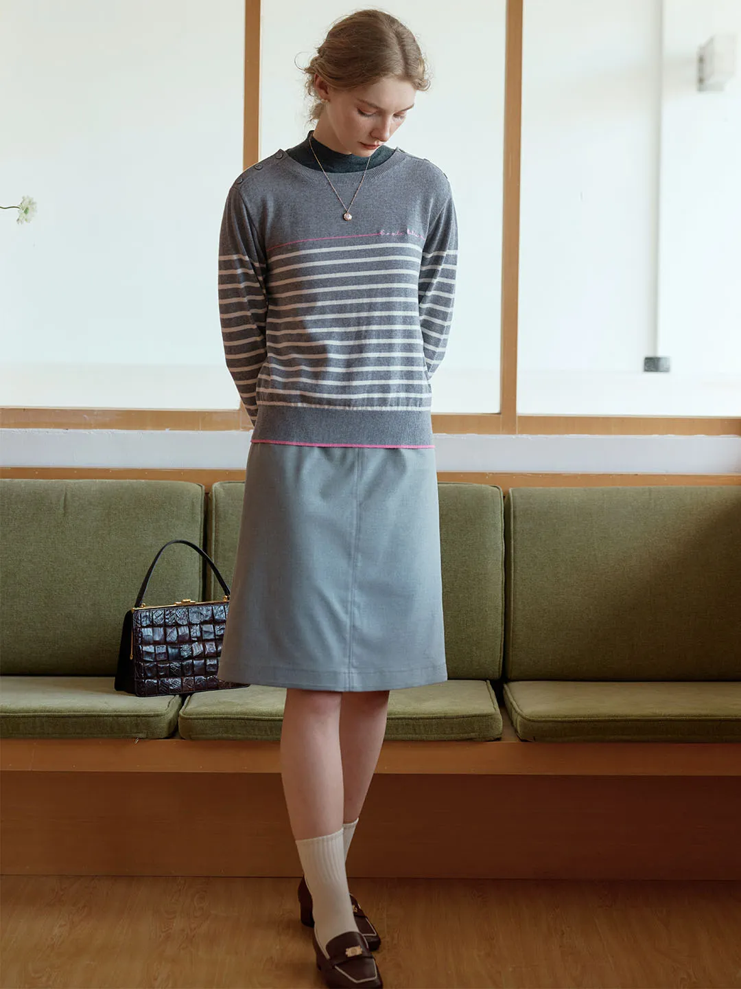 【Final Sale】Nori Vintage Striped Contrast Crewneck Knit Top-Grey