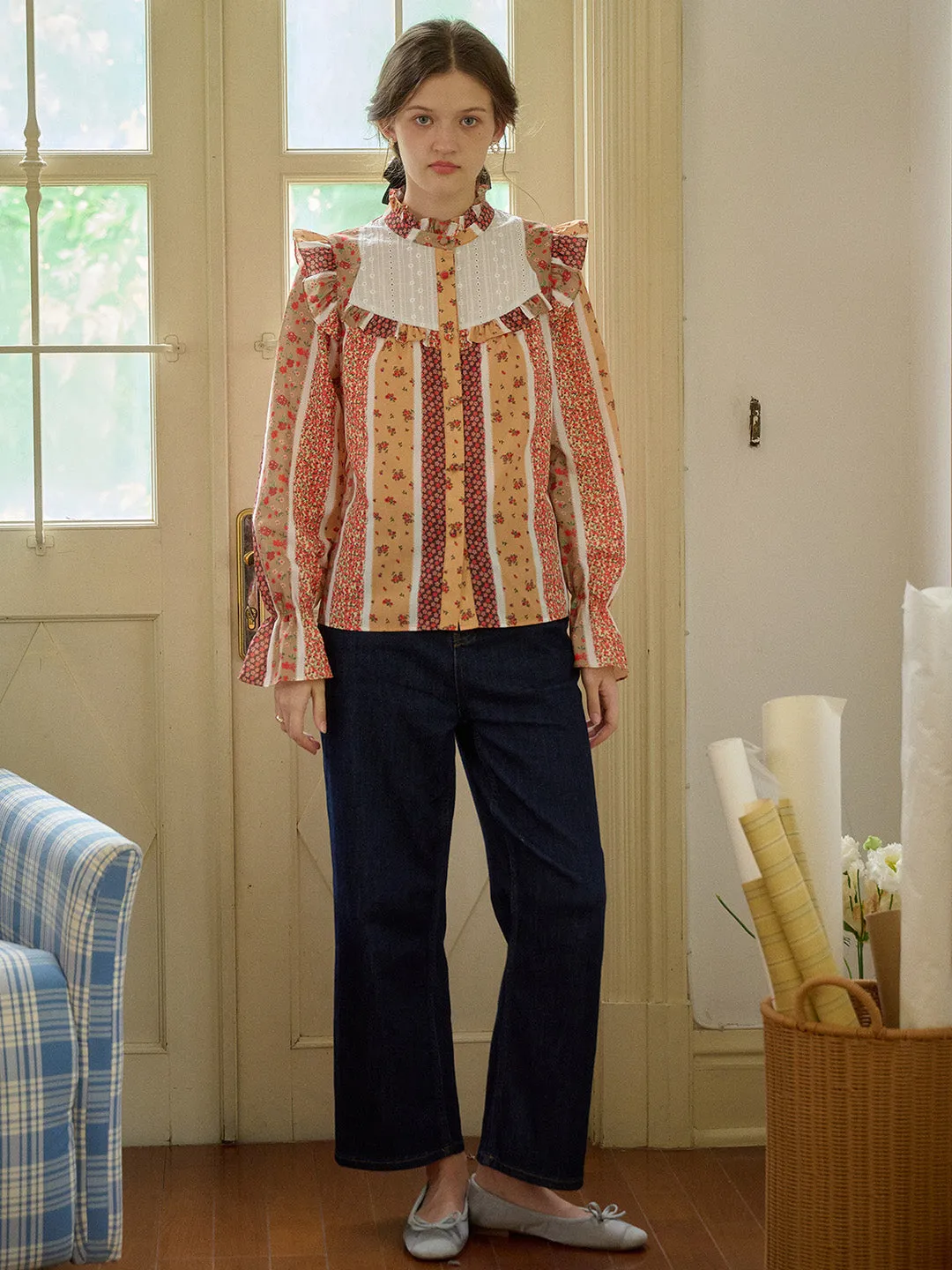 【Final Sale】Wren Stand Collar Floral Patchwork Shirt