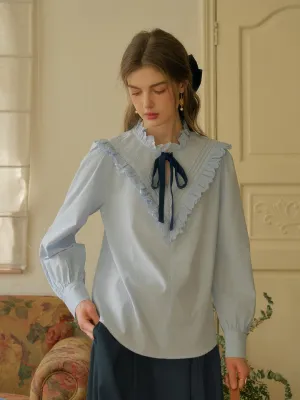 【Final Sale】Yareli Vintage Lace Panel Contrasting Lace-up Round Neck Blouse - Blue