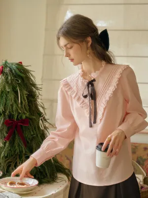【Final Sale】Yareli Vintage Lace Panel Contrasting Lace-up Round Neck Blouse - Pink