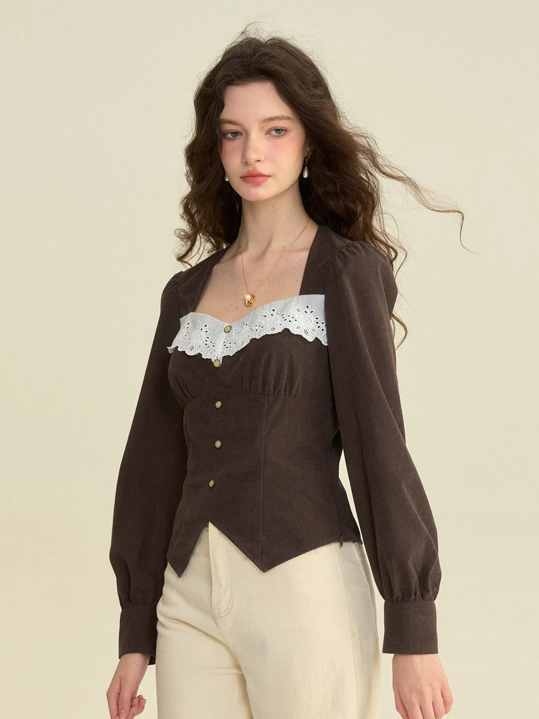 【Final Sale】Zainab French Style Contrasting Lace Lapel Long Sleeve Blouse