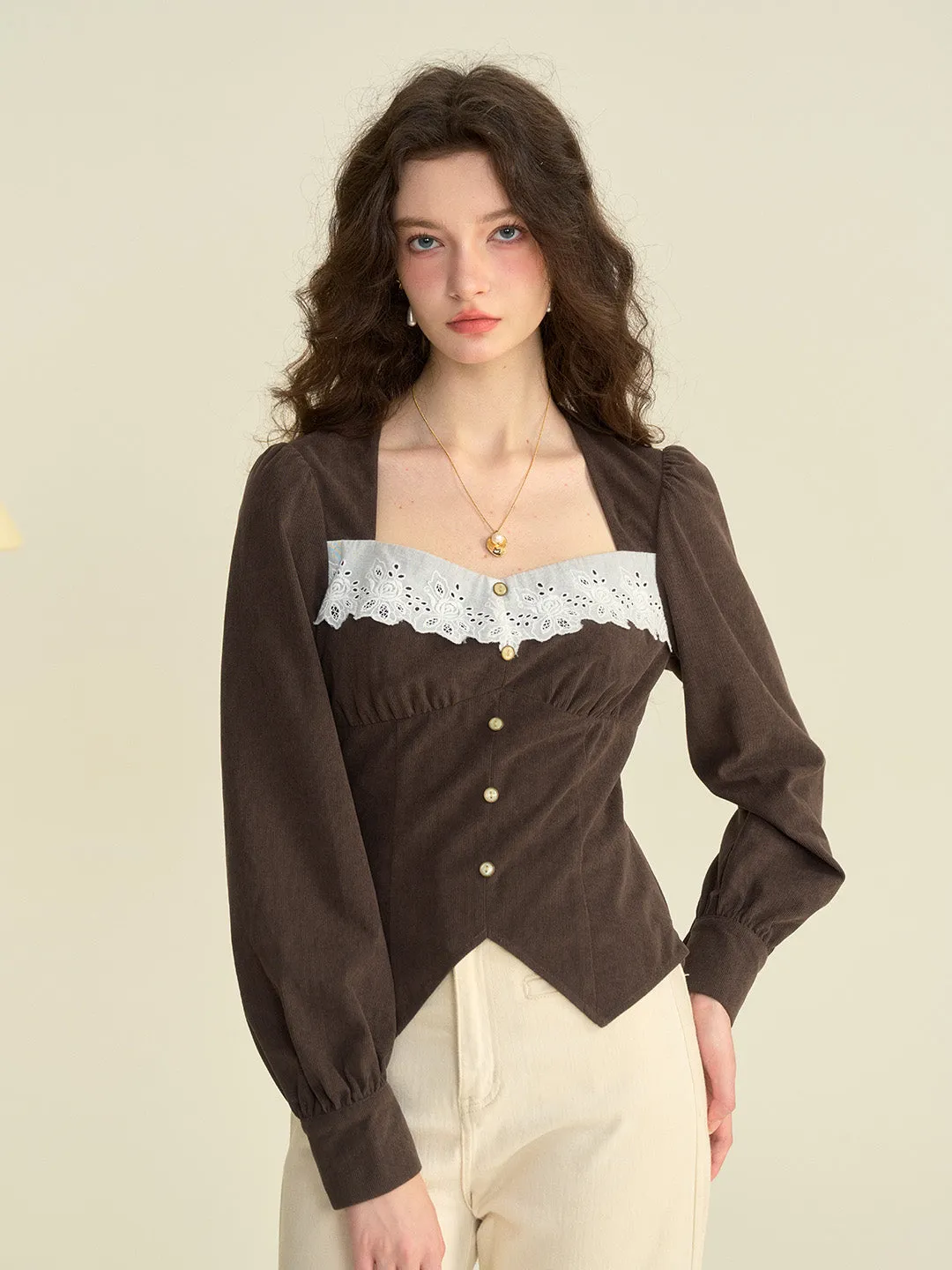 【Final Sale】Zainab French Style Contrasting Lace Lapel Long Sleeve Blouse