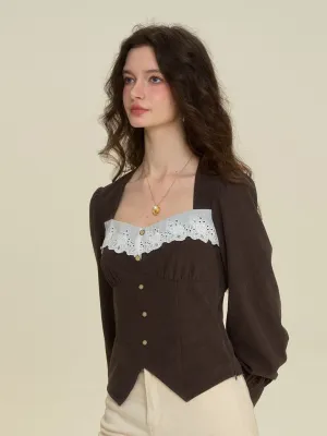 【Final Sale】Zainab French Style Contrasting Lace Lapel Long Sleeve Blouse