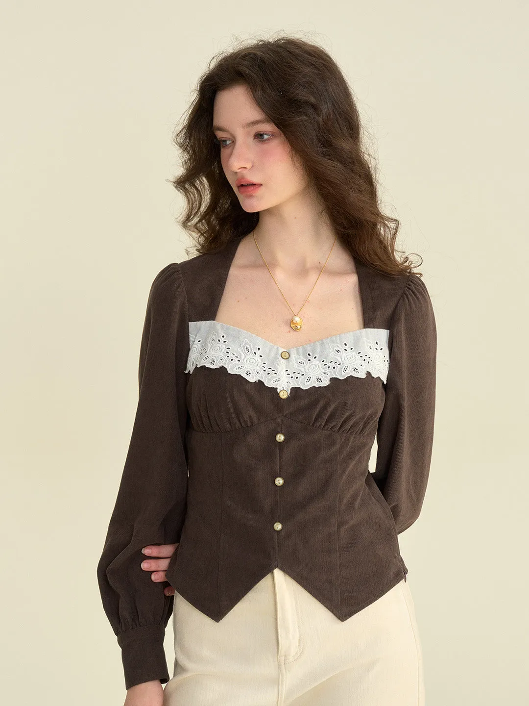 【Final Sale】Zainab French Style Contrasting Lace Lapel Long Sleeve Blouse