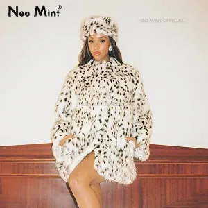 Fluffy Brown Overcoats Fur Fur Handcrafted Collar Fox Coat Jacket Outerwear Female Durable Stand Winter Faux Leopard Fur Luxury Women