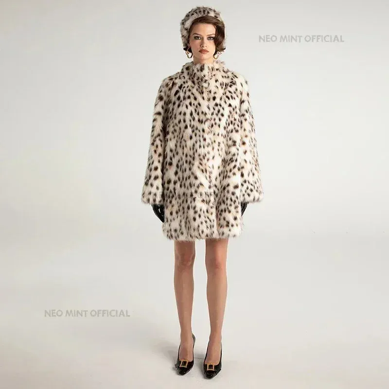 Fluffy Brown Overcoats Fur Fur Handcrafted Collar Fox Coat Jacket Outerwear Female Durable Stand Winter Faux Leopard Fur Luxury Women