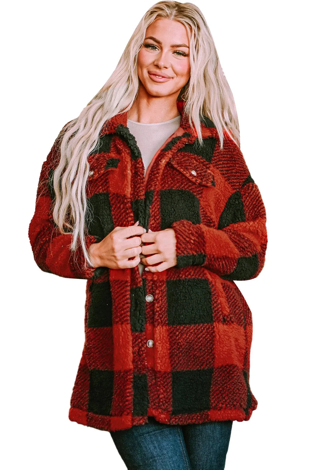 Fuzzy Plaid Flap Button Up Midi Coat