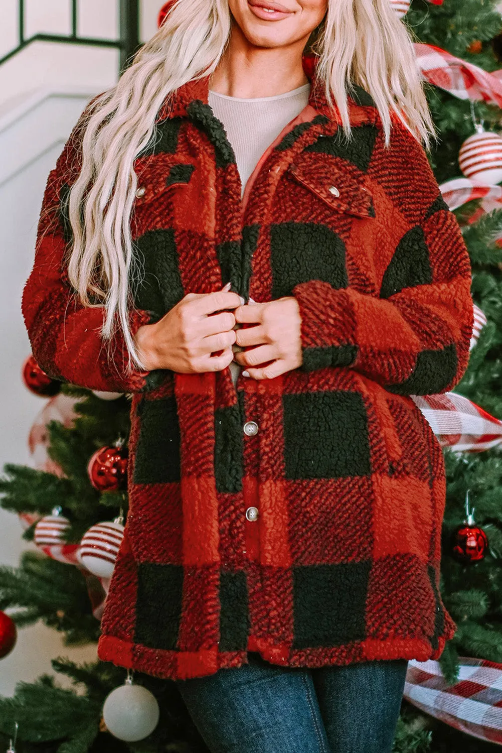 Fuzzy Plaid Flap Button Up Midi Coat