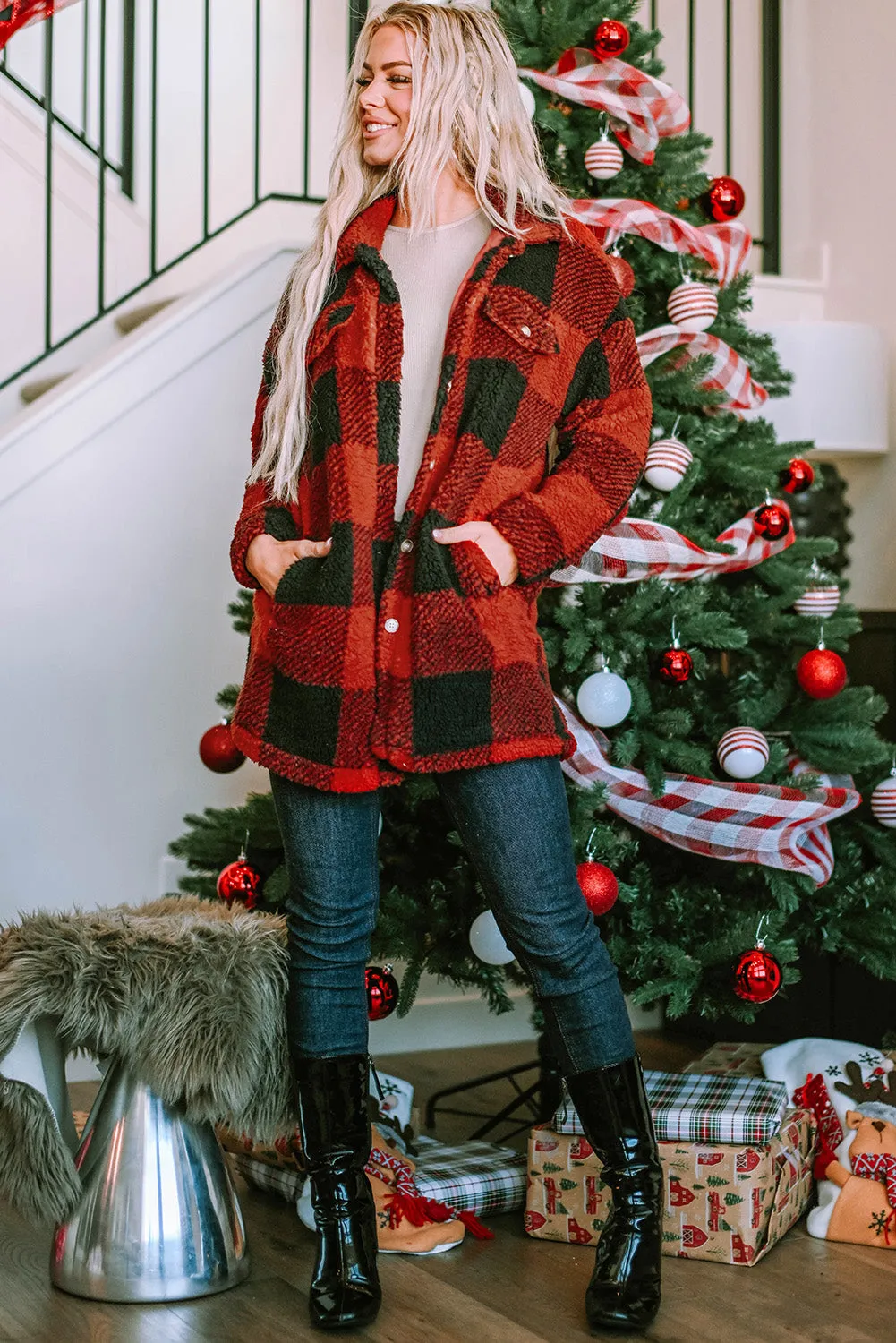 Fuzzy Plaid Flap Button Up Midi Coat