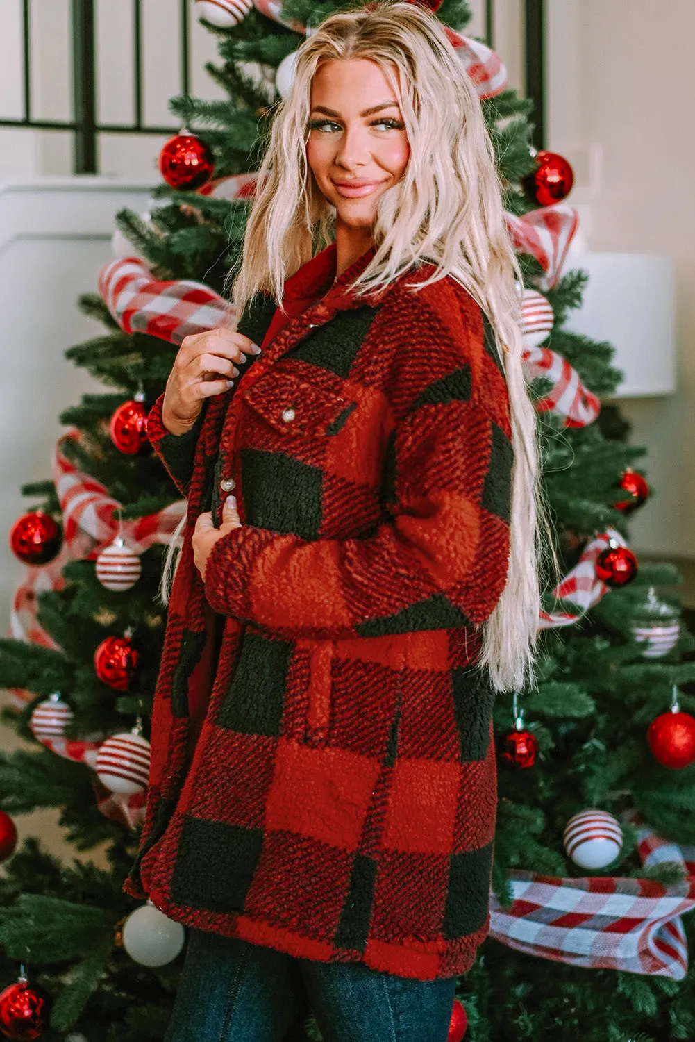 Fuzzy Plaid Flap Button Up Midi Coat