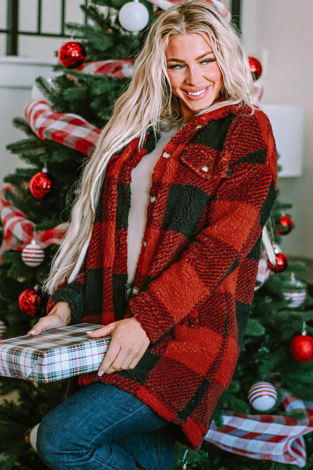 Fuzzy Plaid Flap Button Up Midi Coat