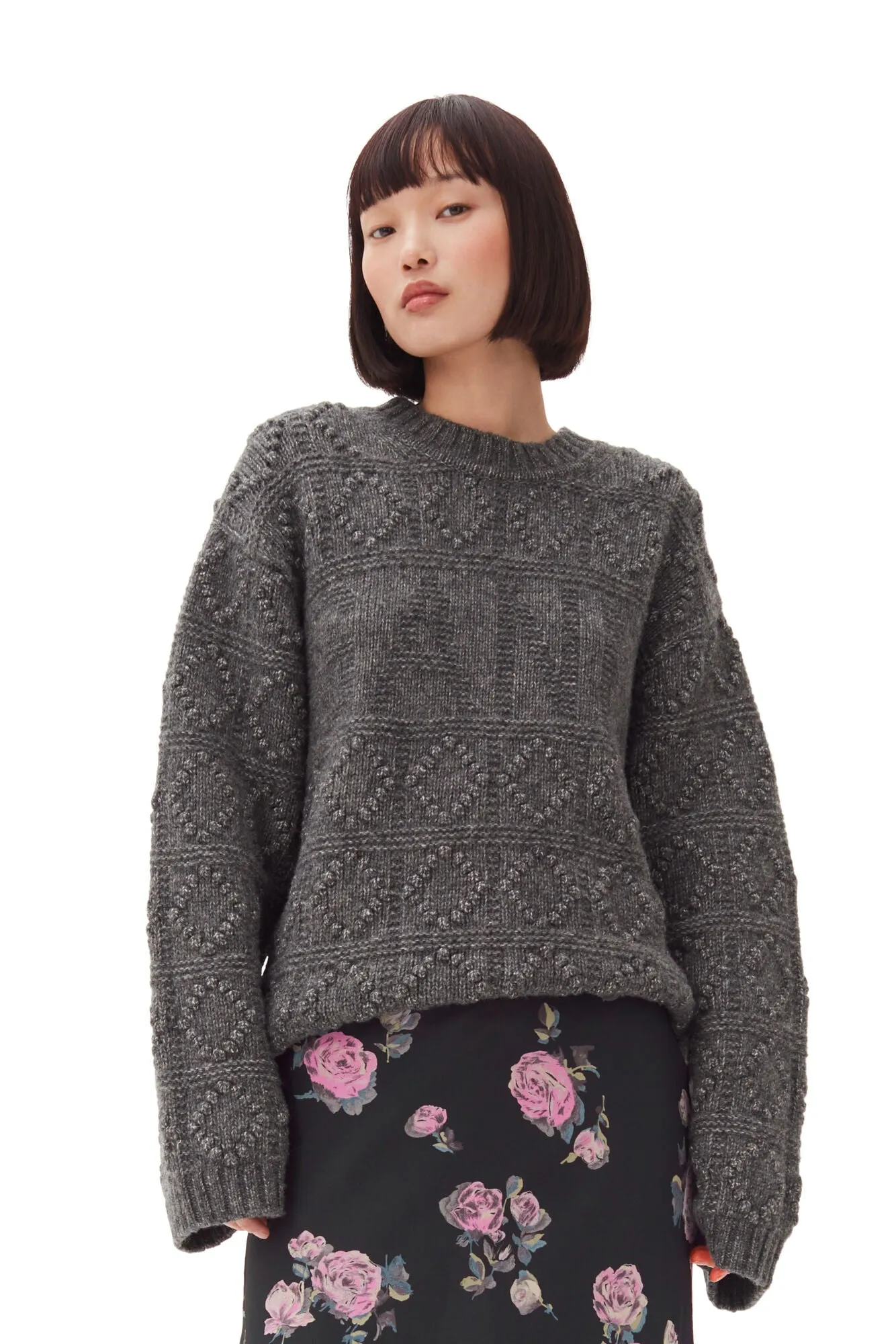 Ganni Wool Cotton Bubble O-Neck Sweater in Phantom