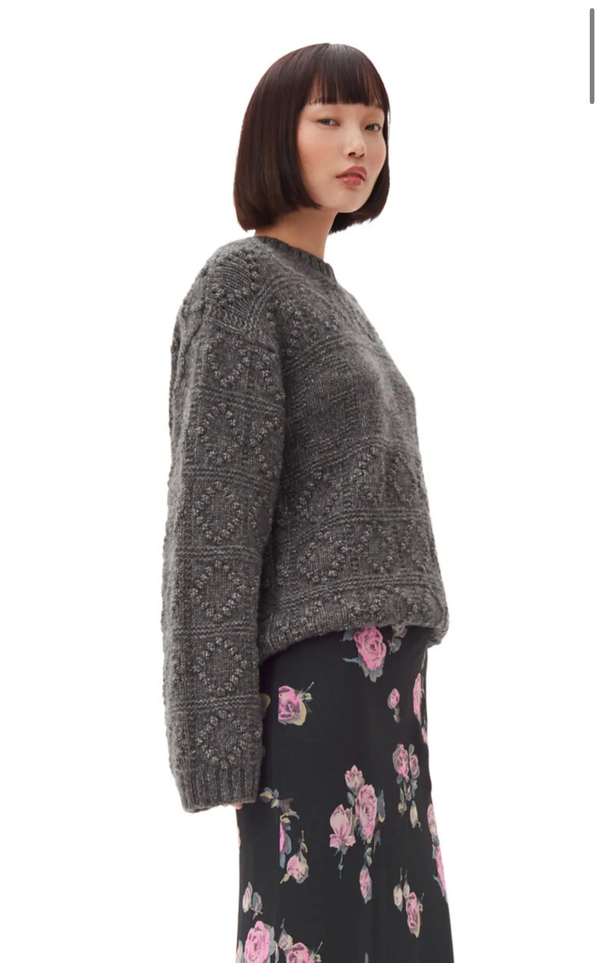 Ganni Wool Cotton Bubble O-Neck Sweater in Phantom