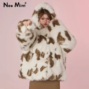 Girls Fashion High-trust Jacket Winter Women Hooded Best-in-class Y2k Harajuku Overcoat Leopard Faux Coat Sweet Oversized Outerwear Fur Fur Fox Thicken