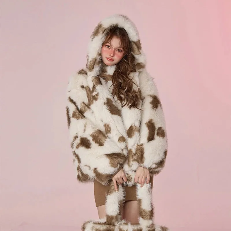 Girls Fashion High-trust Jacket Winter Women Hooded Best-in-class Y2k Harajuku Overcoat Leopard Faux Coat Sweet Oversized Outerwear Fur Fur Fox Thicken