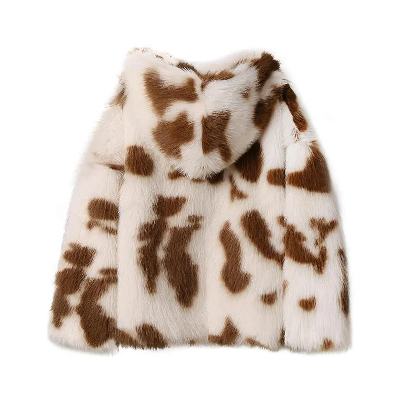 Girls Fashion High-trust Jacket Winter Women Hooded Best-in-class Y2k Harajuku Overcoat Leopard Faux Coat Sweet Oversized Outerwear Fur Fur Fox Thicken