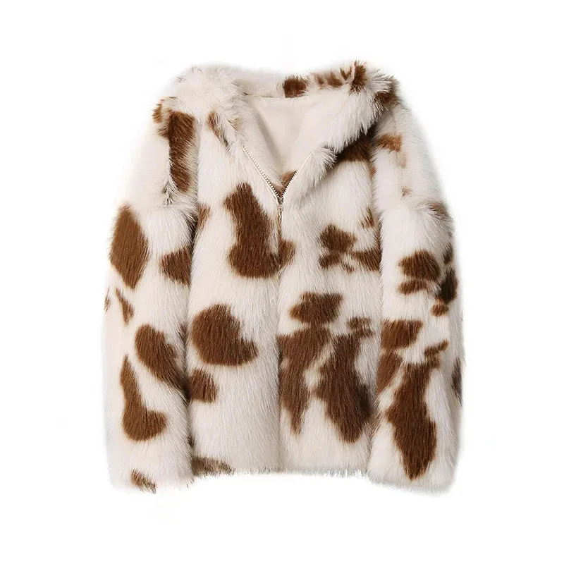Girls Fashion High-trust Jacket Winter Women Hooded Best-in-class Y2k Harajuku Overcoat Leopard Faux Coat Sweet Oversized Outerwear Fur Fur Fox Thicken
