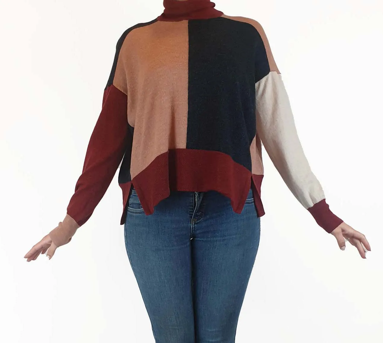 Gorman 100% merino wool pink, red and navy high neck jumper size 10