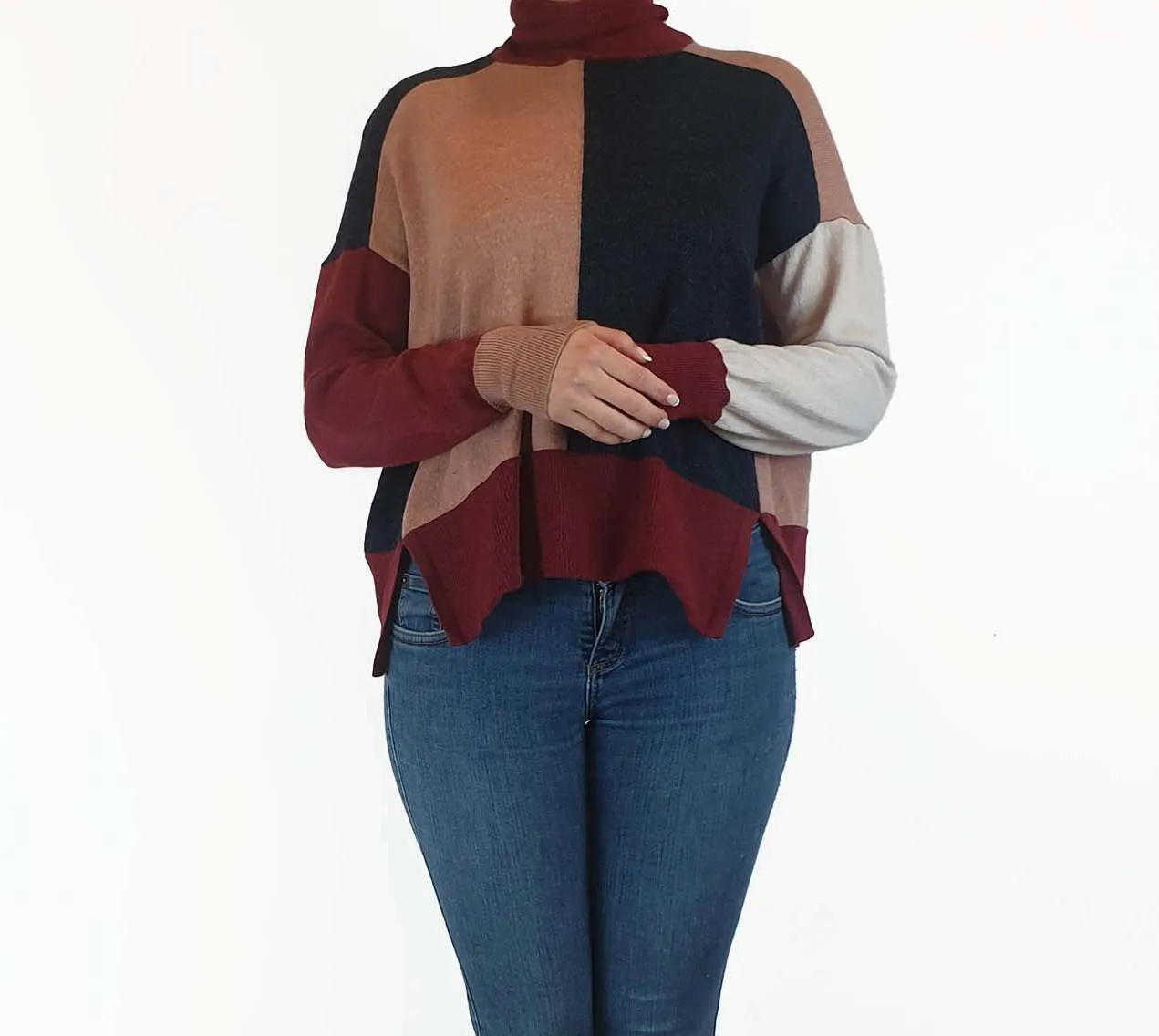 Gorman 100% merino wool pink, red and navy high neck jumper size 10