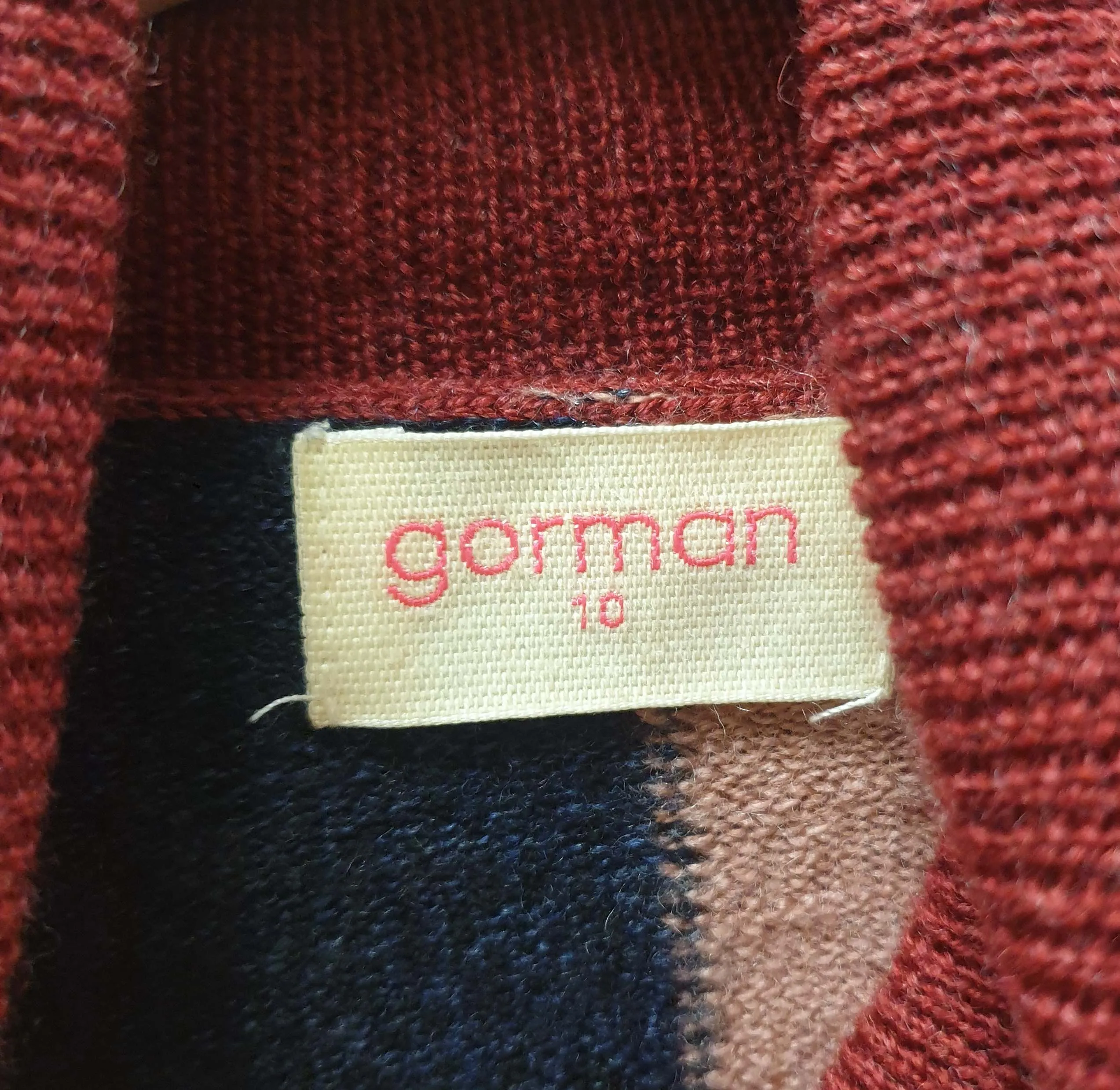 Gorman 100% merino wool pink, red and navy high neck jumper size 10