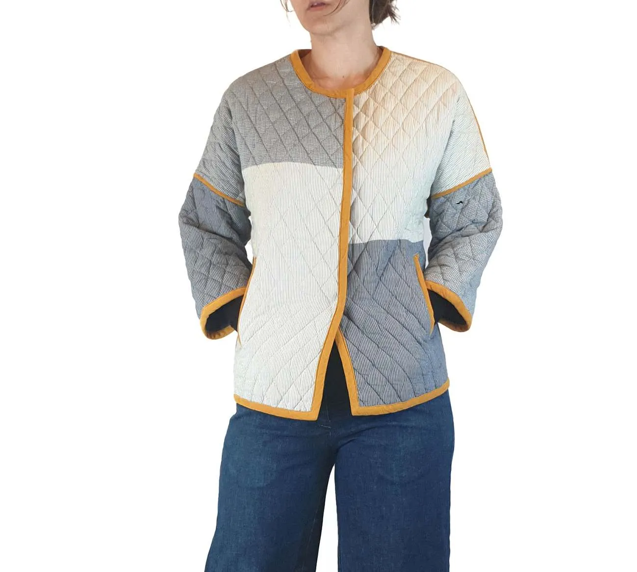 Gorman quilted blue, white and mustard coat size 8