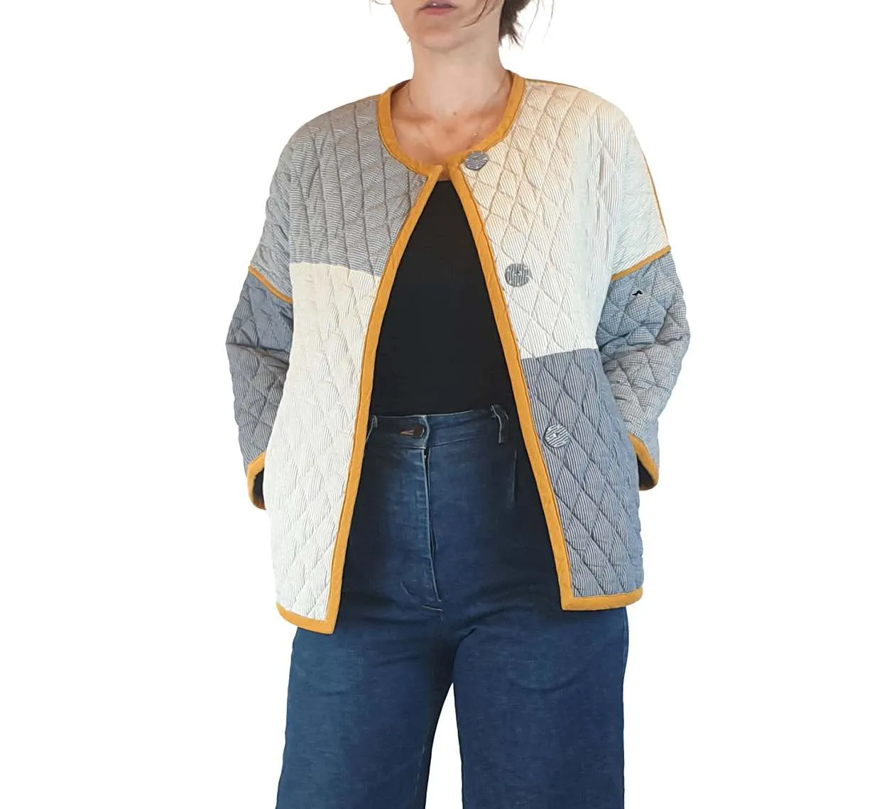 Gorman quilted blue, white and mustard coat size 8