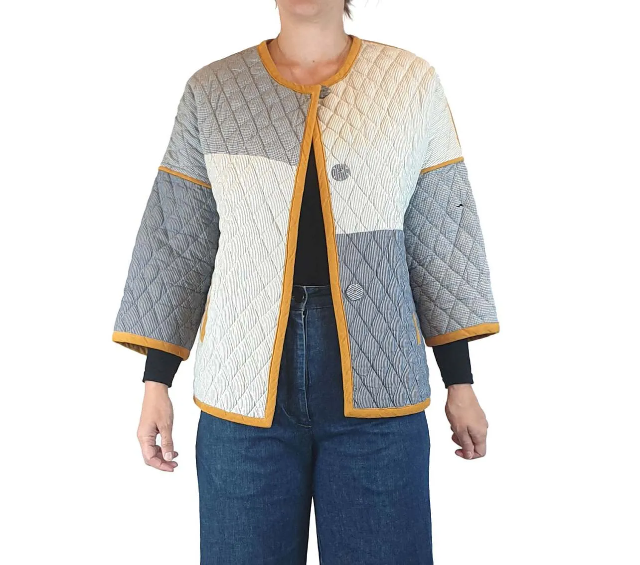 Gorman quilted blue, white and mustard coat size 8