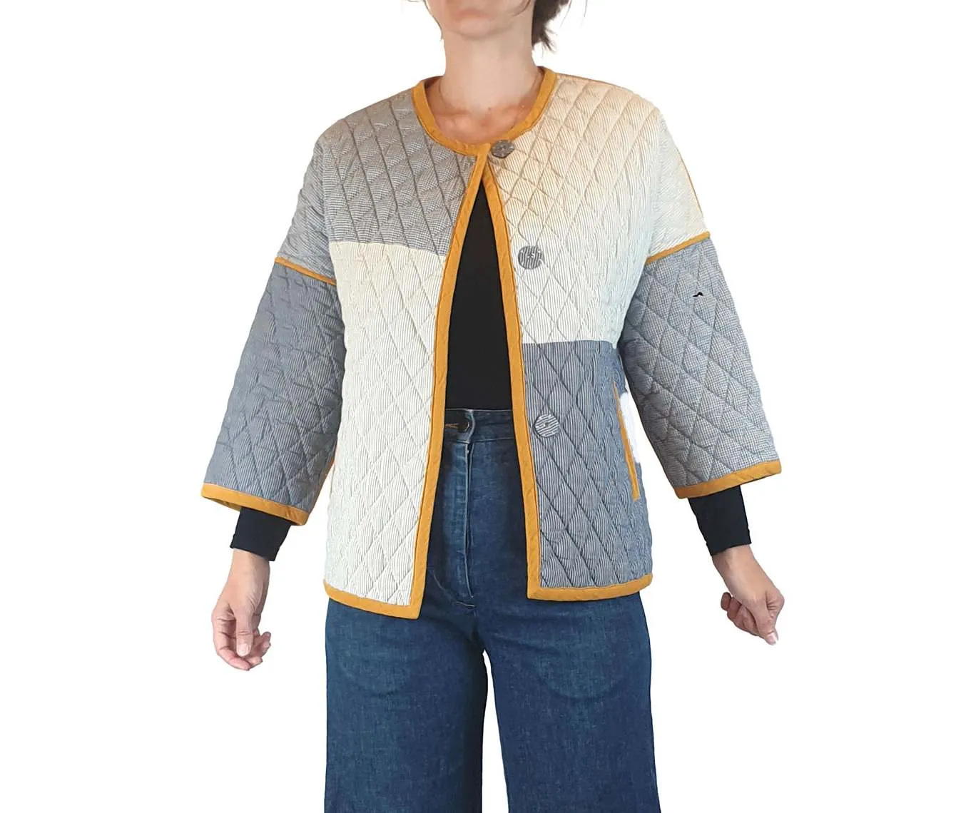 Gorman quilted blue, white and mustard coat size 8