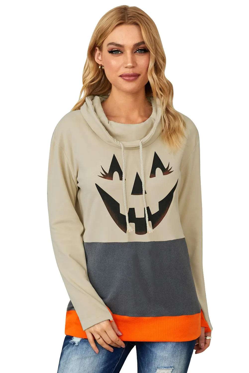Gray Cowl Neck Pumpkin Print Color Block Halloween Sweatshirt