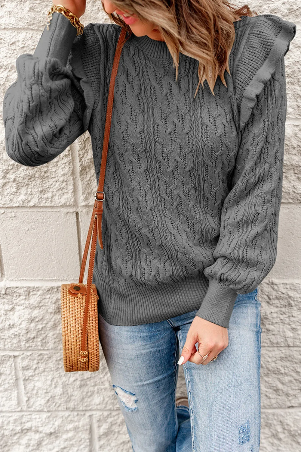 Gray Frilled Shoulder Sweater
