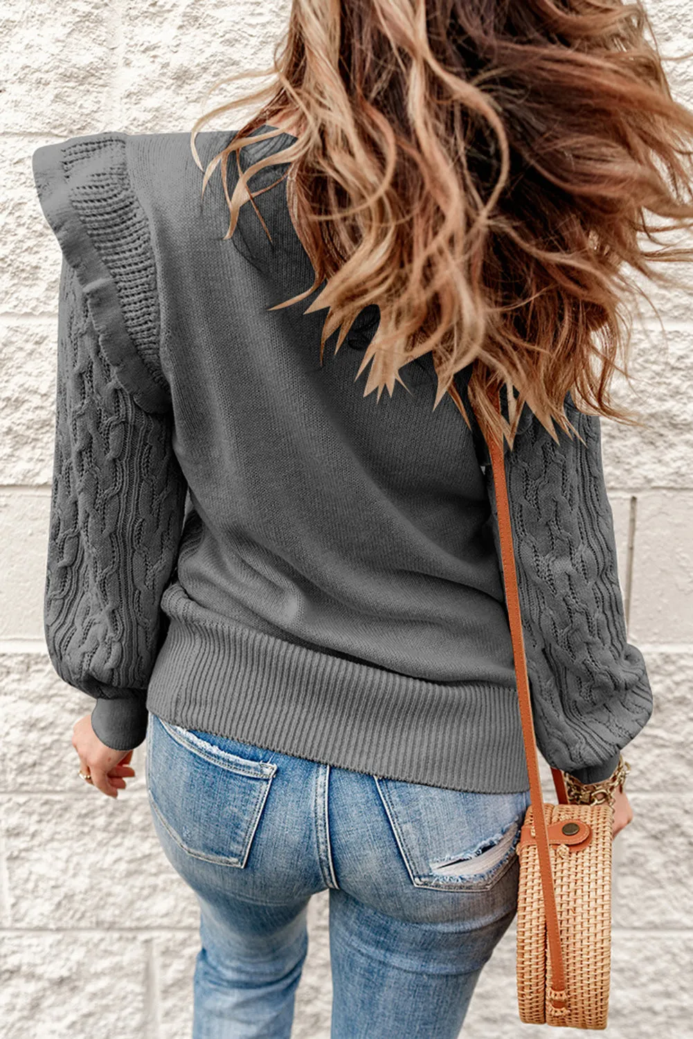 Gray Frilled Shoulder Sweater