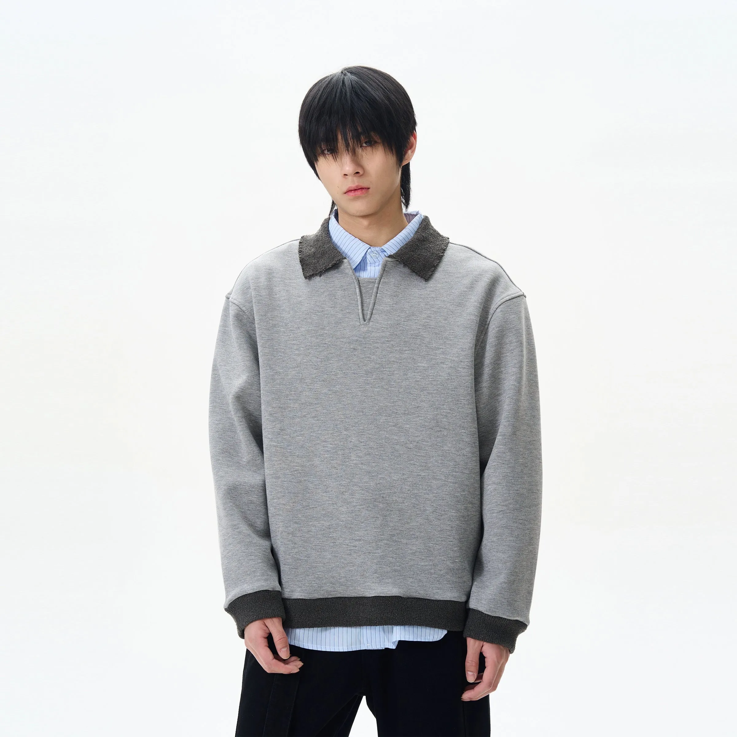 Gray Sweatshirt with Collar Detail