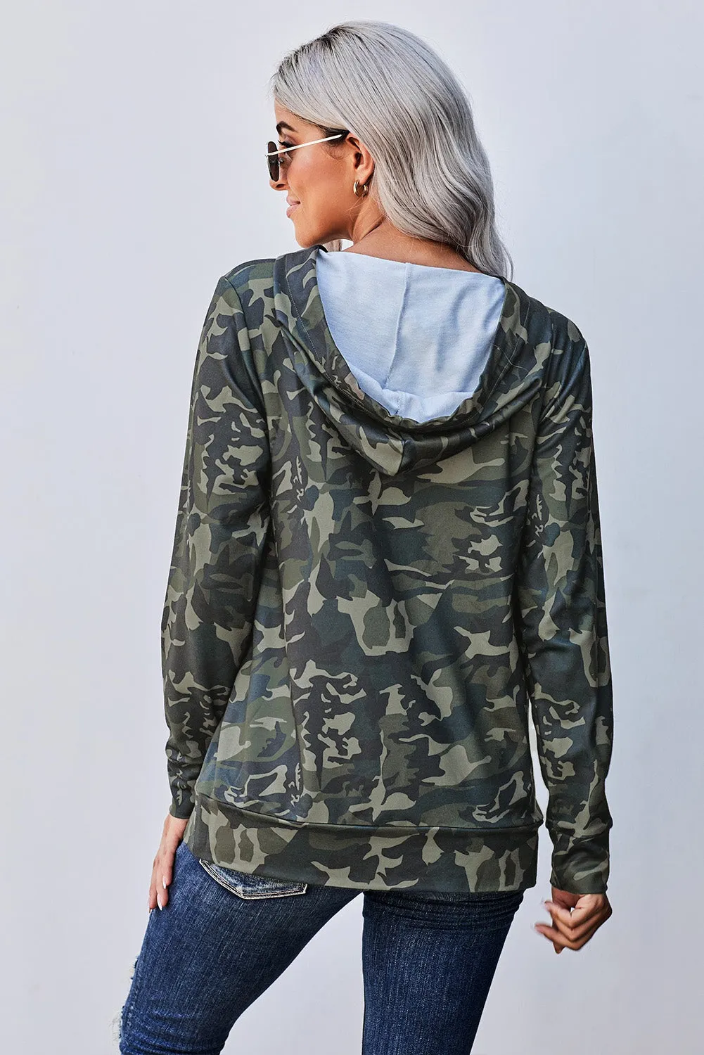 Green Camo Print Kangaroo Pocket Hoodie