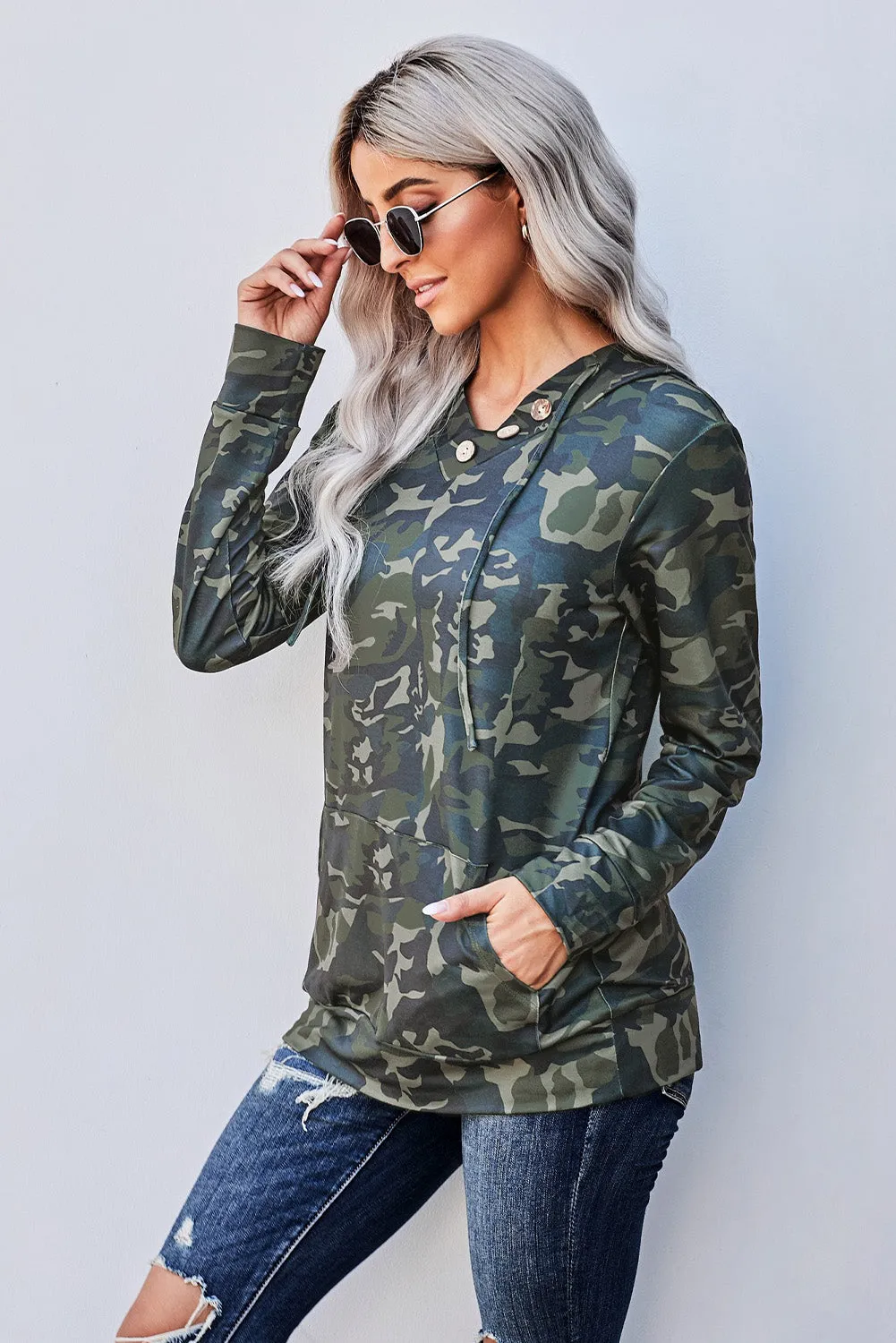 Green Camo Print Kangaroo Pocket Hoodie