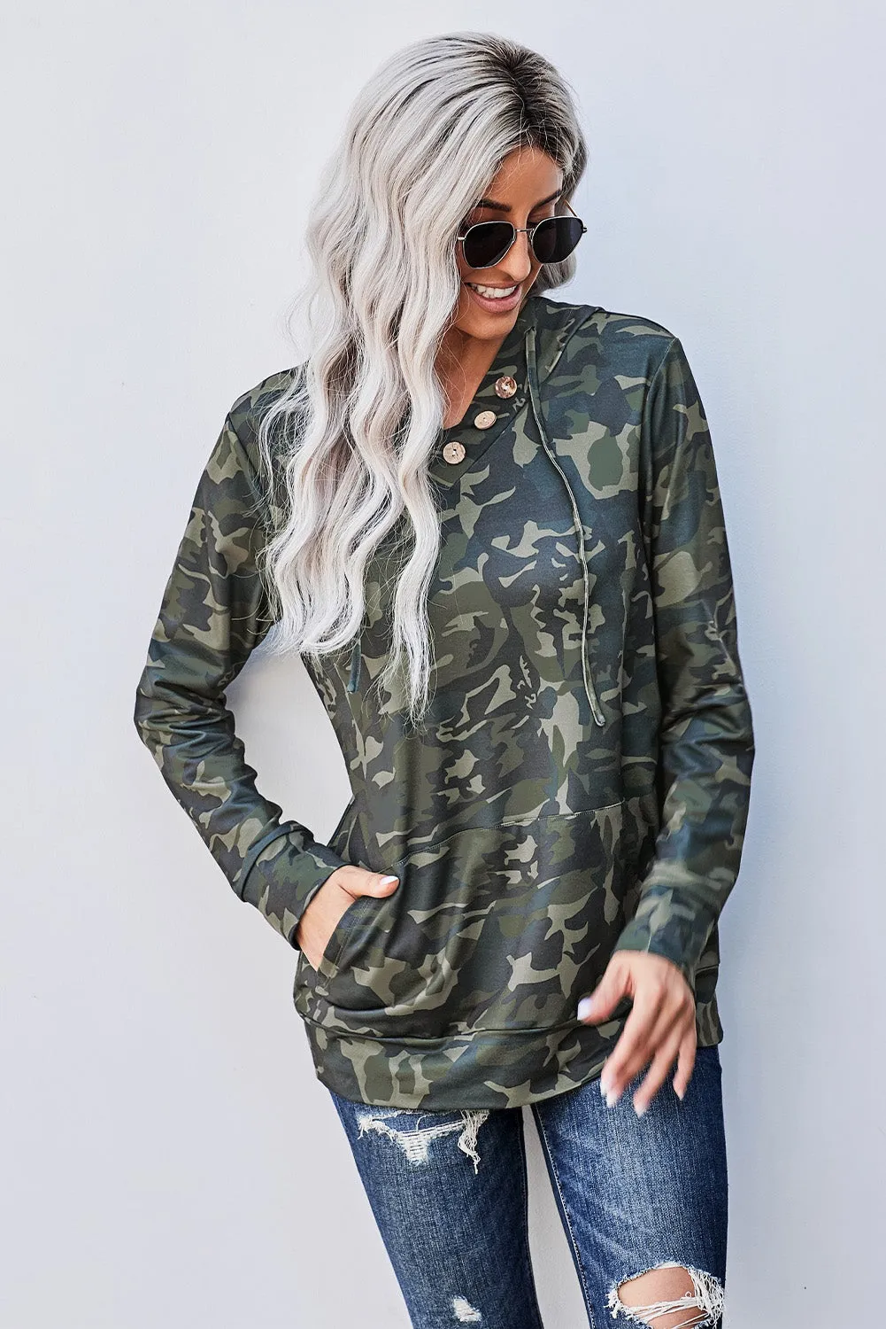 Green Camo Print Kangaroo Pocket Hoodie