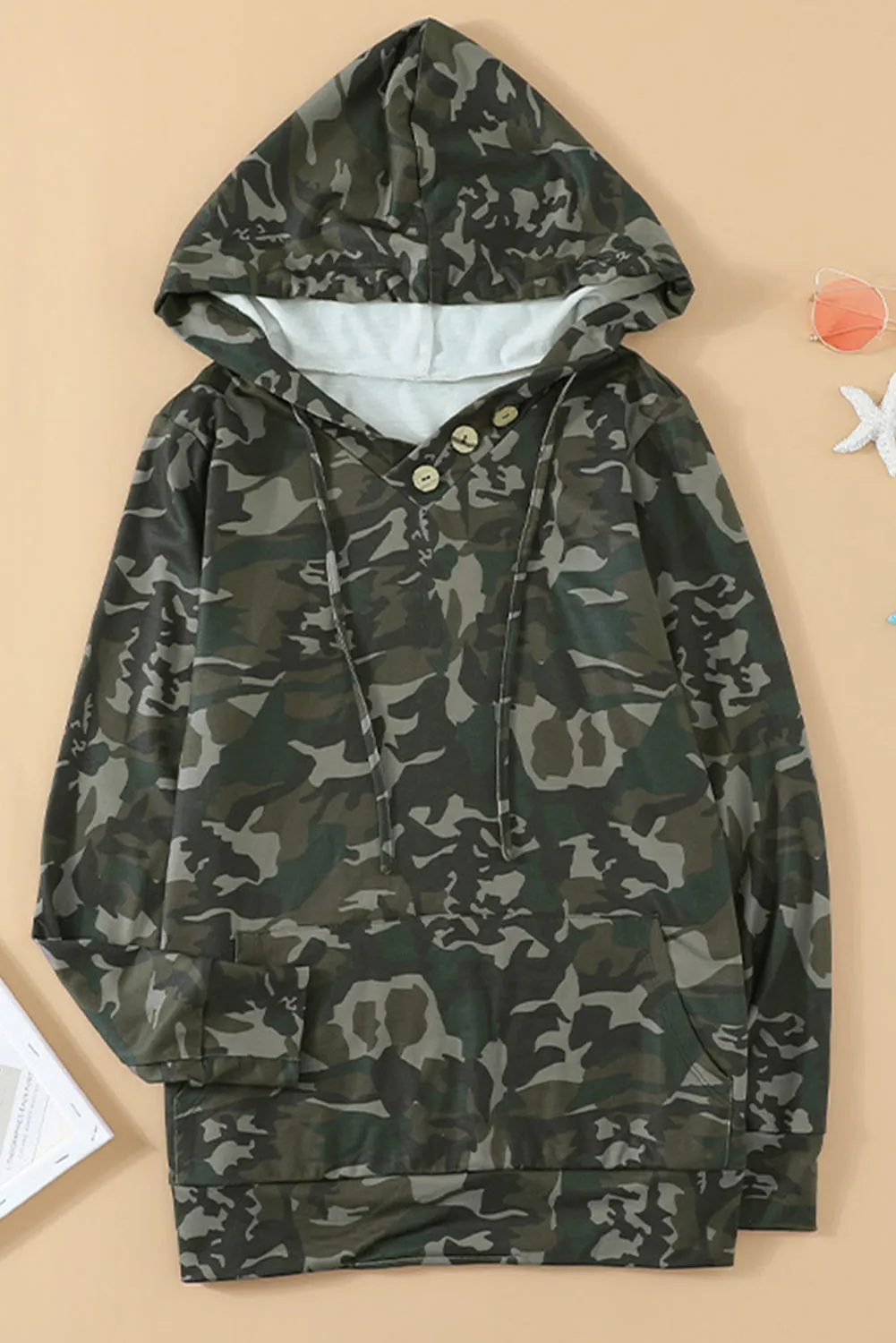 Green Camo Print Kangaroo Pocket Hoodie