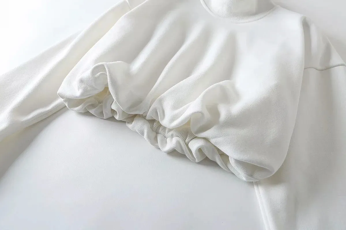 Half High Collar Elastic Waist Shirred Frill Sweatshirts