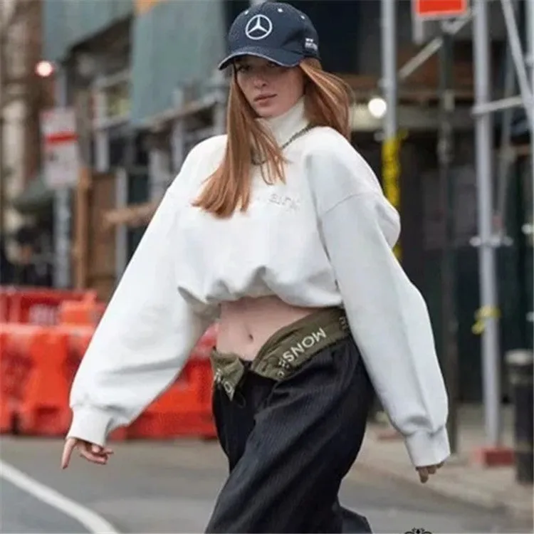 Half High Collar Elastic Waist Shirred Frill Sweatshirts