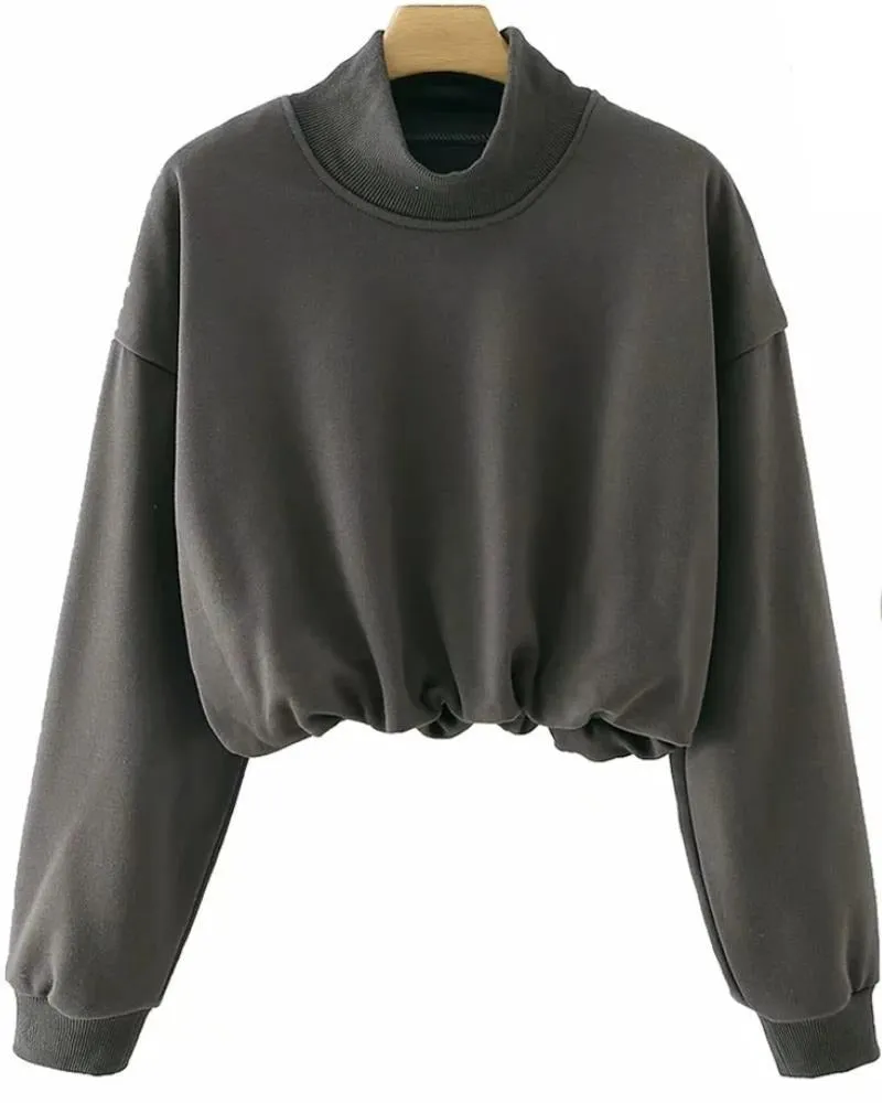 Half High Collar Elastic Waist Shirred Frill Sweatshirts