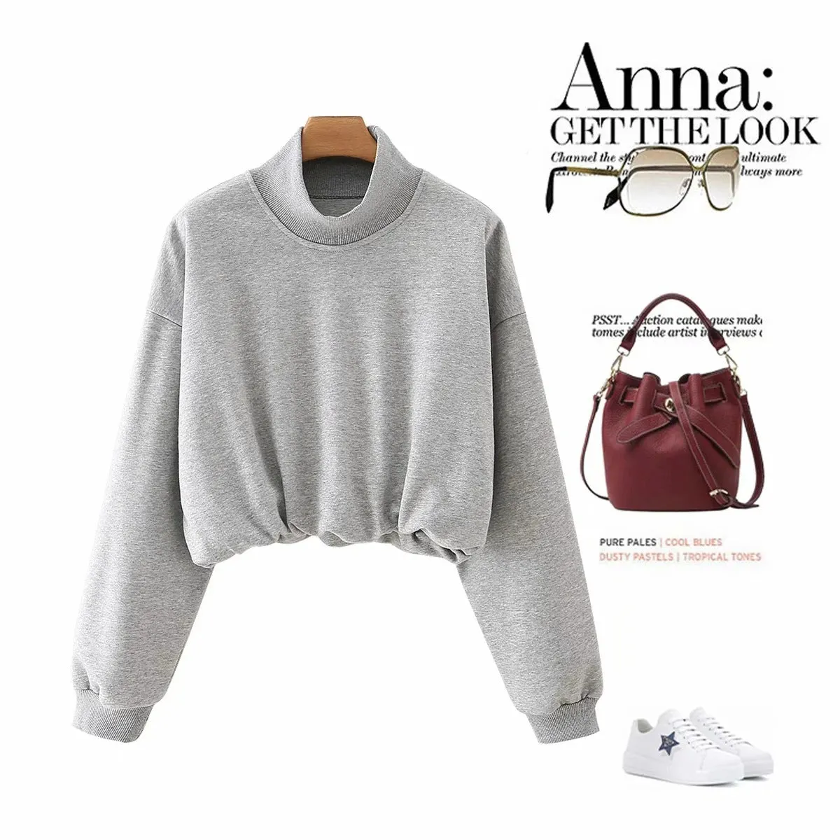 Half High Collar Elastic Waist Shirred Frill Sweatshirts