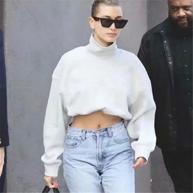 Half High Collar Elastic Waist Shirred Frill Sweatshirts