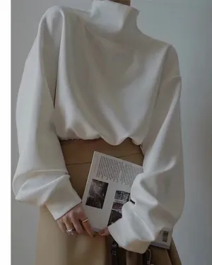 Half High Collar Elastic Waist Shirred Frill Sweatshirts