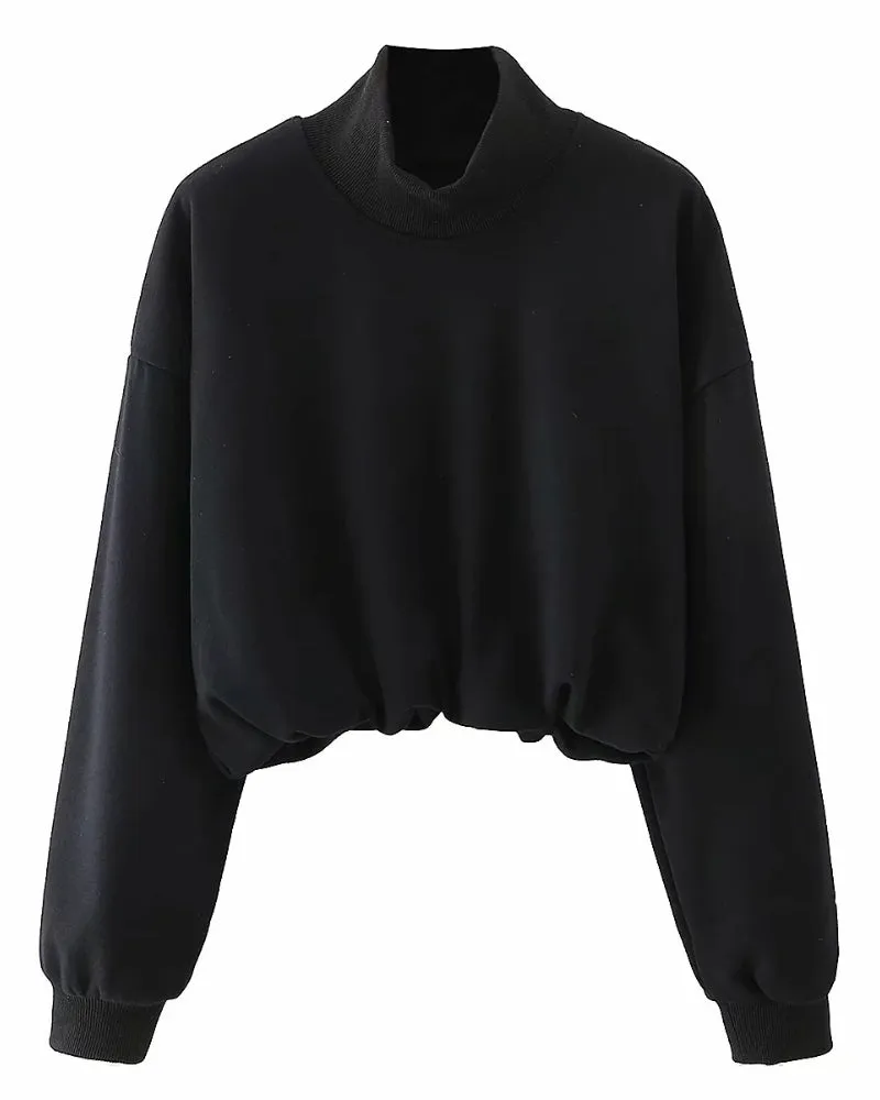 Half High Collar Elastic Waist Shirred Frill Sweatshirts