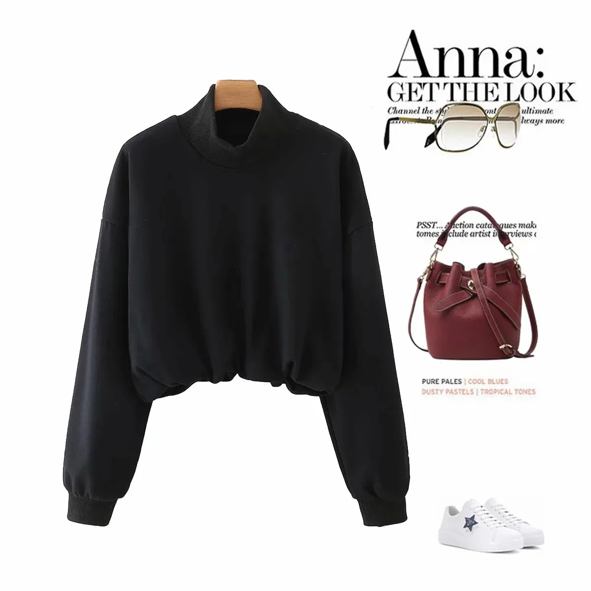 Half High Collar Elastic Waist Shirred Frill Sweatshirts