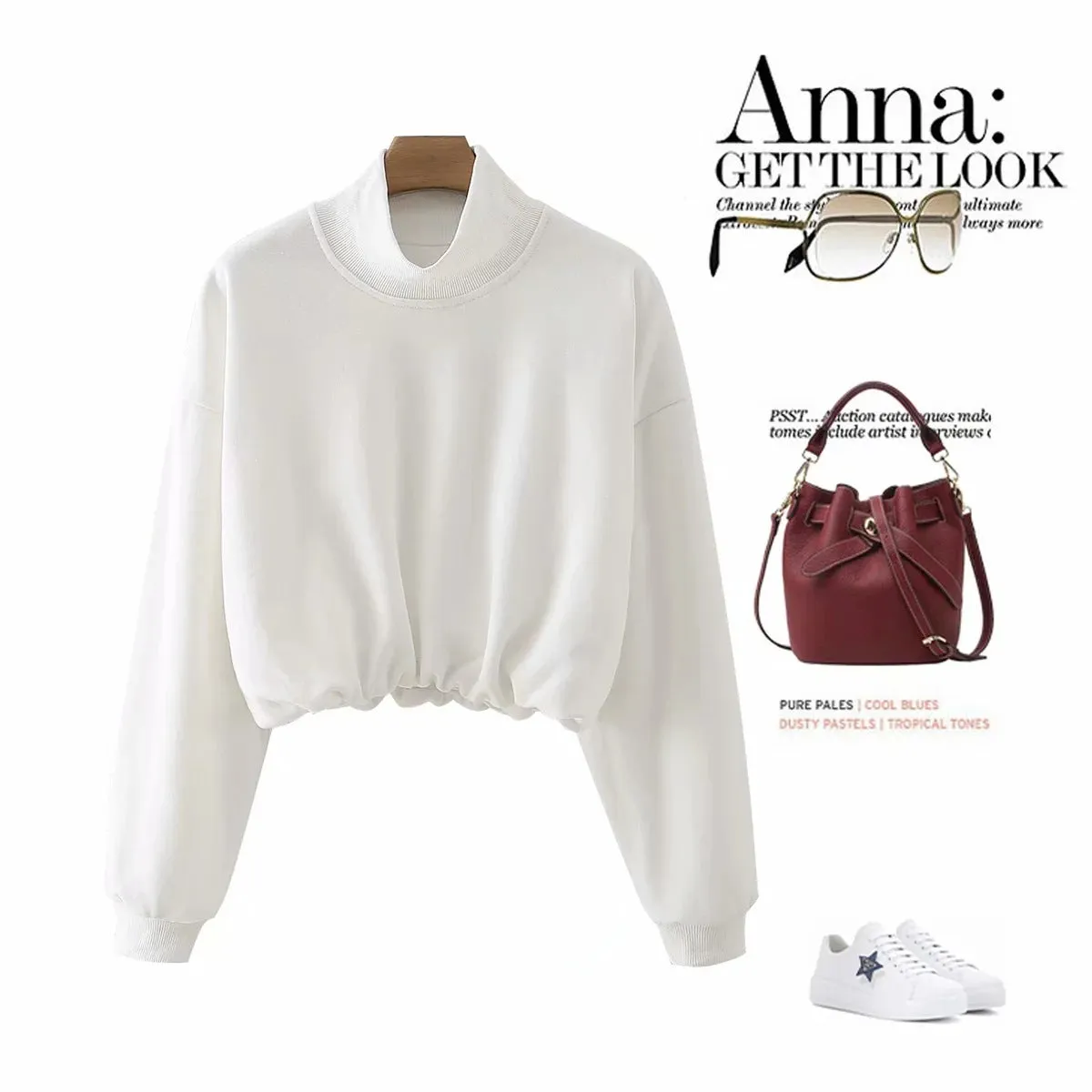 Half High Collar Elastic Waist Shirred Frill Sweatshirts