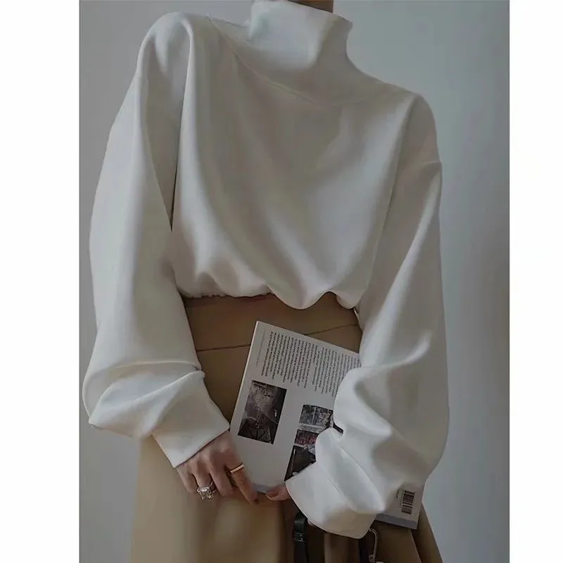 Half High Collar Elastic Waist Shirred Frill Sweatshirts