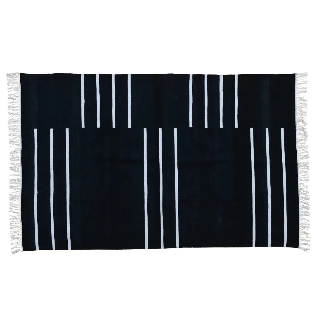 Handwoven Black and White Minimalistic Stripe Cotton Rug with Fringes