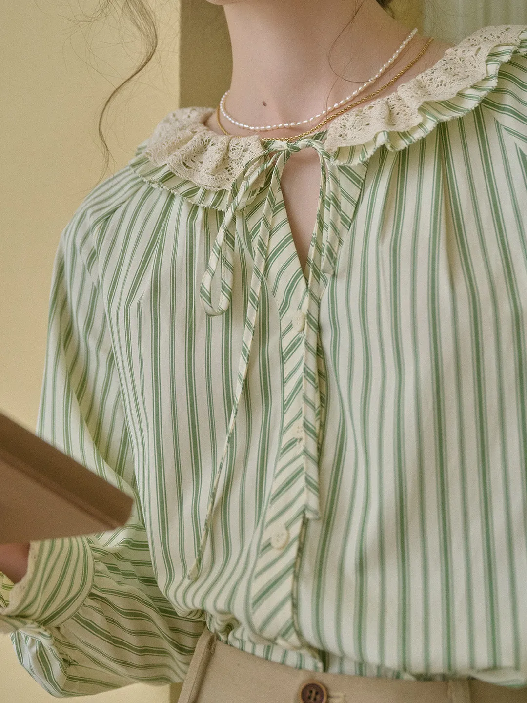 Harper Round Neck Lace Vertical Lines Shirt