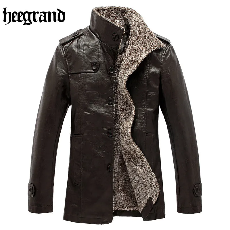 HEE GRAND 2017 High Quality New Style Fashion Male PU Leather Patchwork Fleece Jackets Men Casual Warm Overcoats MWP325