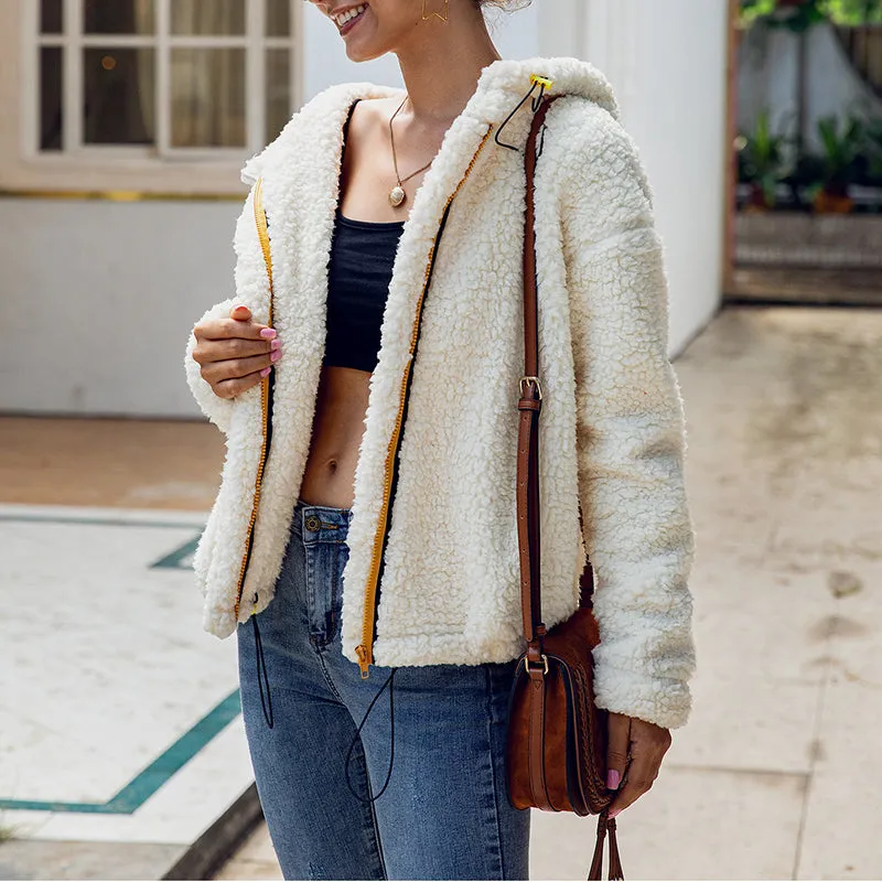 Hooded Long-sleeved Plush Pocket Zip Sweatshirt